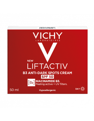 Cremă de zi antirid B3 Vichy LIFTACTIV pentru corectarea tenului cu pete pigmentare, cu niacinamidă și SPF 50, 50 ml