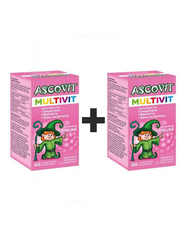 Promotie 2 la pret de 1 , Ascovit multivitamine cu zmeura, 60 comprimate masticabile, OMEGA PHARMA SA