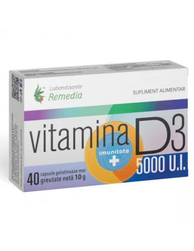 Vitamina D3 5000ui, 40 capsule moi , LAB. REMEDIA ROMANIA