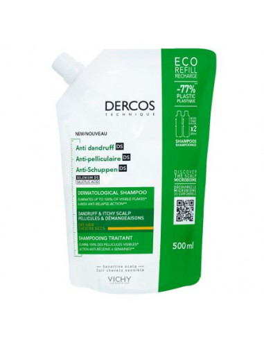 Dercos Sampon Tratament Impotriva Mătretii Pentru Părul Normal Pană La Gras, Eco-Pack, 500Ml , Vichy