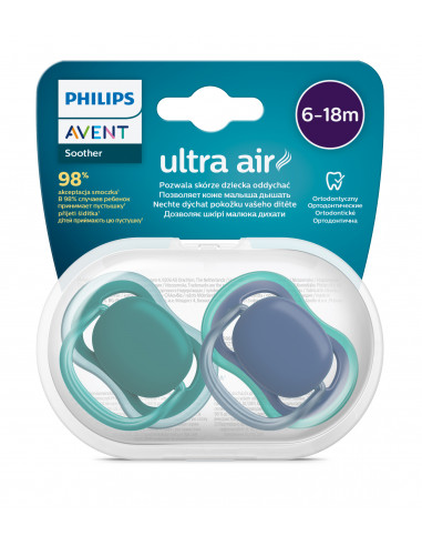 Set 2 suzete ultra air bleu/verde, 6-18 luni, Philips Avent