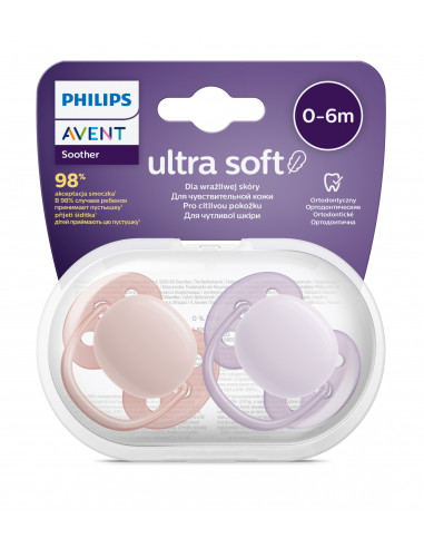 Set 2 suzete ultra soft roz/mov, 0-6 luni, Philips Avent