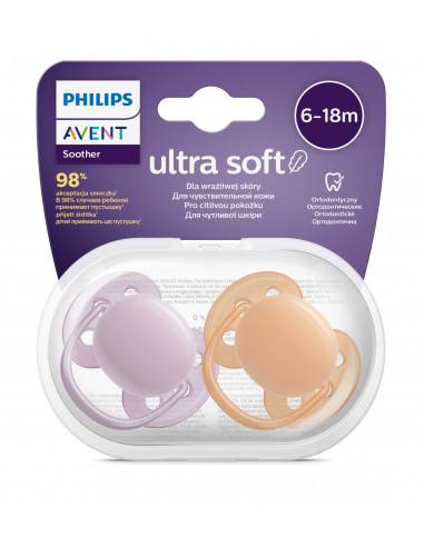 Set 2 suzete ultra soft roz/portocaliu, 6-18 luni, Philips Avent