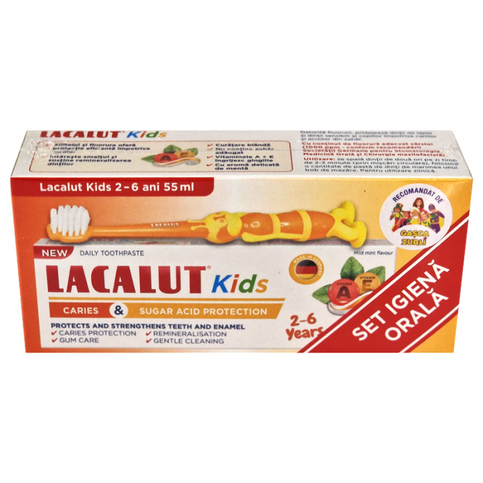 Pachet Lacalut kids 2-6 ani pasta de dinti protectie anticarie si zaharuri, 55 mililitri  periuta de dinti, Zdrovit