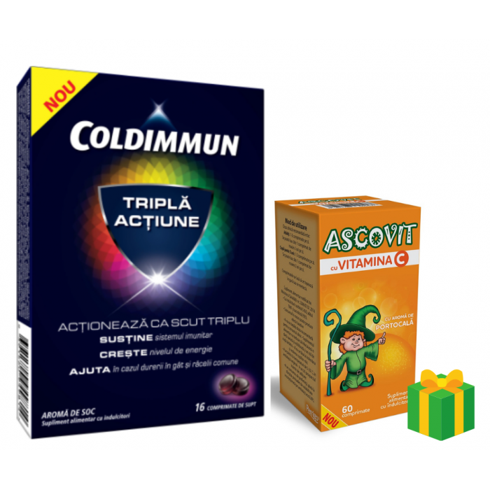 Pachet Coldimun, 16 capsule moi  Ascovit 100mg, aroma de portocale, 60 de comprimate, Omega