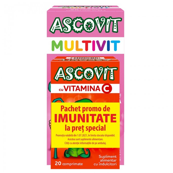 Pachet Ascovit Multivit, aromă de zmeură, 60 comprimate  Ascovit aroma de capsuni, 20 comprimate, Omega Pharma